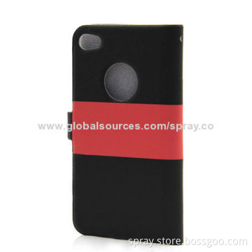 Classic Red and Black Stripe Flip Magnetic Protector Cover Leather Cases for iPhone 4/4S, OEM